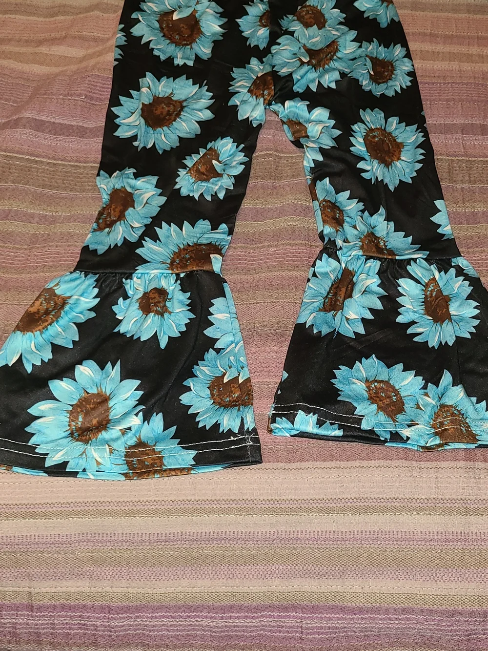 Shein Girls' Black Floral Bell-Bottoms with Turquoise Sunflowers